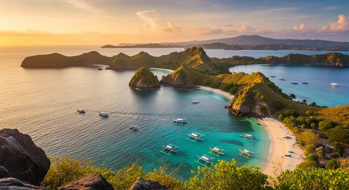 Lombok Liveaboard in Lombok — a dramatic island viewpoint over turquoise bays at golden ho