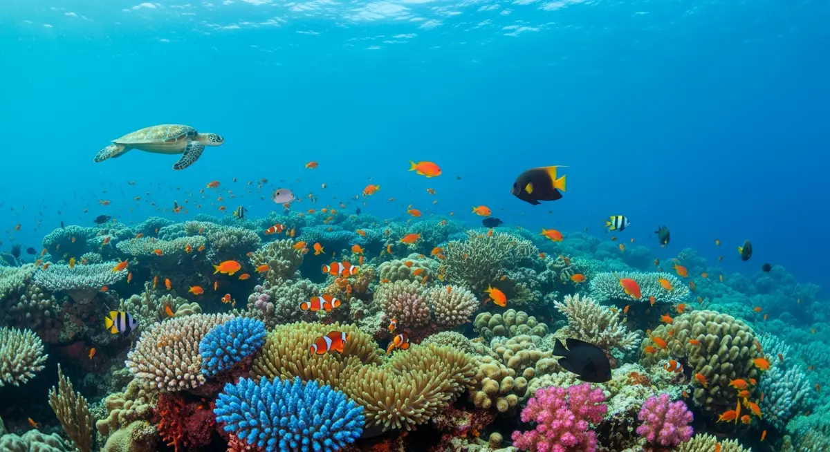 Lombok Liveaboard in Lombok — a vibrant coral reef and marine life in clear blue water